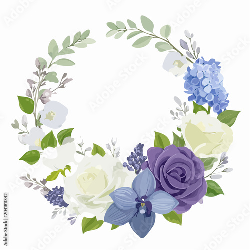Floral Wreath of Elegance: A beautiful circular arrangement of various flowers and leaves, featuring roses, hydrangeas, and orchids in shades of purple, blue, and white.