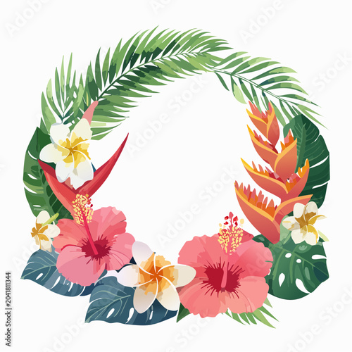 Tropical Wreath Garland: A vibrant wreath crafted from lush green palm fronds, exotic heliconia, and beautiful pink hibiscus flowers, adorned with delicate plumeria blossoms.