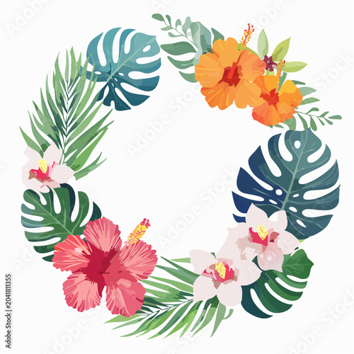 Tropical Wreath with Hibiscus and Orchid: A vibrant wreath crafted from lush tropical leaves, fiery hibiscus flowers, and delicate orchids, creating a beautiful and exotic botanical arrangement.