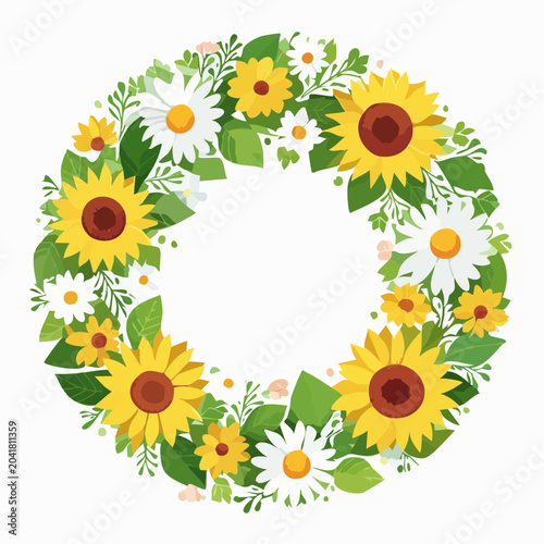 Sunflower and Daisy Wreath: A vibrant circular wreath composed of cheerful sunflowers and delicate daisies, adorned with fresh green leaves and tiny buds.