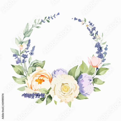 Floral Wreath Illustration: A delicate watercolor illustration depicts a beautiful floral wreath, featuring an arrangement of roses, peonies, and lavender sprigs.