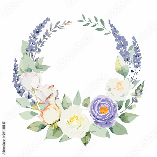 Floral Wreath with Lavender and Roses: A beautiful circular arrangement of delicate lavender sprigs, soft roses, and green leaves, creating an elegant botanical frame.