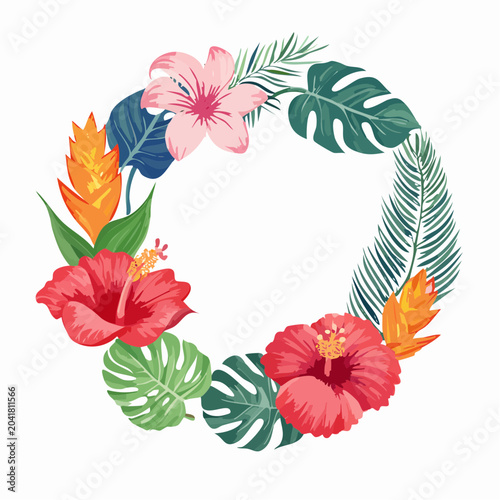 Tropical Wreath: A vibrant circular arrangement of exotic flowers and lush tropical leaves, exuding a sense of paradise and summer festivity.