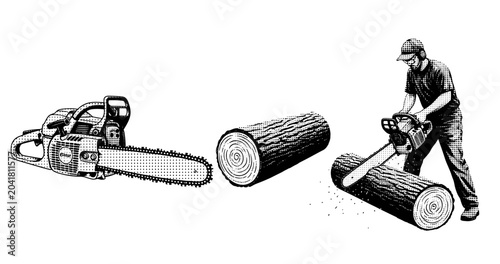 Man cutting log with chainsaw standing on white background. not ideal dots