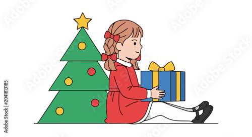 Young girl in red dress with pigtails sits by Christmas tree with gift