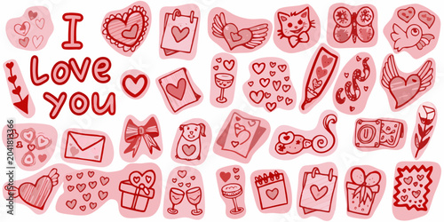 Bild auf Leinwand romantic stickers set with hearts and love symbols pink red valentine affection