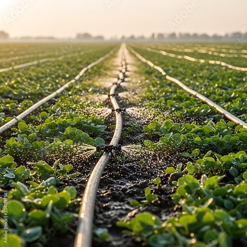 Green Seedling Rows Being Irrigated in Sunlit Agricultural Field