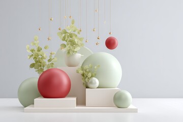 Contemporary juneteenth podium composition with hanging stars spheres and eucalyptus for campaign background and display