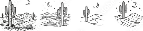 Desert landscape with a saguaro cactus, sand dunes, and a crescent moon in black line vector set on white background