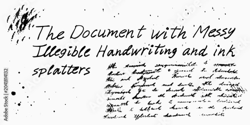 Konstfotografi document with messy handwriting and ink splatters on white background illegible