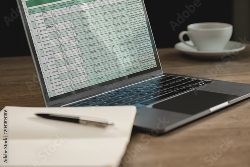 Laptop displaying spreadsheet dashboard with business data and project tracking table on workspace desk  supporting online analysis  financial reporting  management workflow  and office planning.