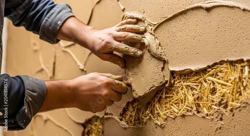Close-up of hands applying natural clay plaster to a straw bale wall.