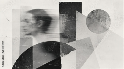 Woman portrait with motion blur effect and geometric abstract shapes. Artistic surreal collage of motion and stillness. Conceptual psychological visual art for creative expression
