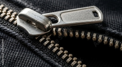 Metal Zipper Pull Partly Open on Black Textured Fabric Close Up