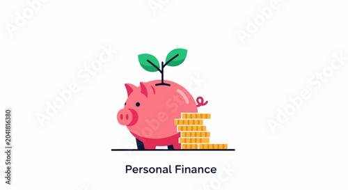 A pink piggy bank with a plant growing from its back and a stack of gold coins