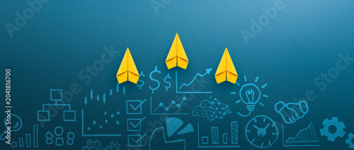 Yellow paper planes and business strategy. Business competition concept