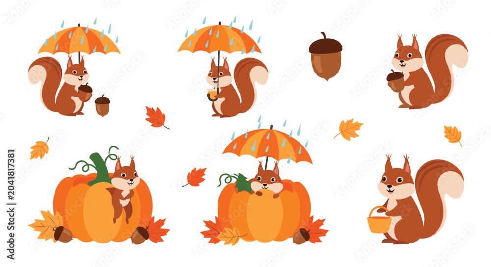 Fototapeta premium Selection of cute squirrels in autumn scenes holding umbrellas, carrying pumpkins, and gathering acorns among falling leaves.