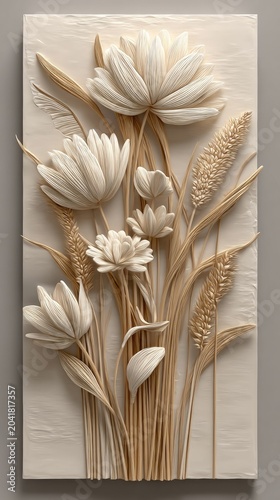 3D autumn eco wall panel featuring carved wooden lotus flowers, wheat ears, and grass on a beige plaster background.