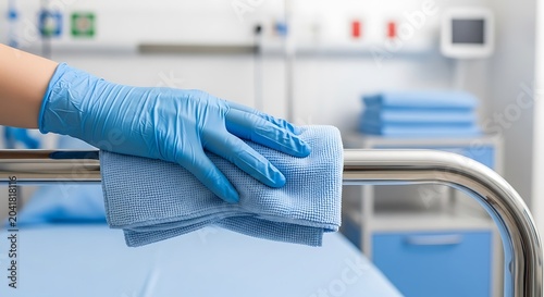 A gloved hand wipes a metal hospital bed rail with a blue cloth, in a clean room