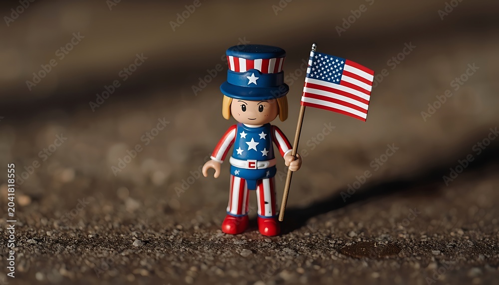 Naklejka premium Lego-style patriot doll holding small american flag