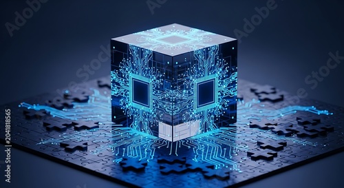 A glowing, circuit-board cube sits atop puzzle pieces, illustrating complex interconnected tech