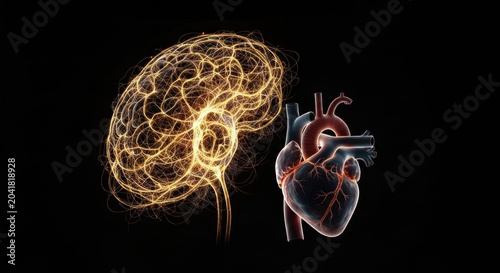 Anatomical illustration showing the brain and heart on a black background