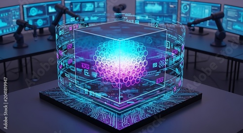A glowing, spherical energy core encased in a futuristic, digital cube within a lab