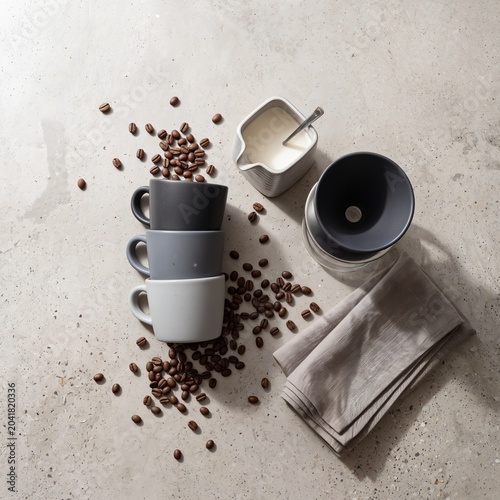 Minimalist coffee still life arrangement featuring ceramic cups and beans.