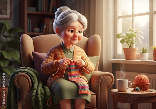 3D grandma character smiling warmly while knitting on the sofa in a comfortable home atmosphere.
