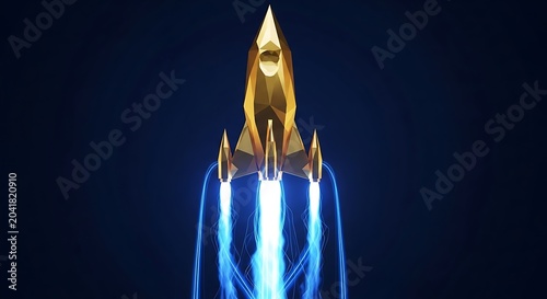 A golden geometric rocket blasts off with blue trails against a deep blue background