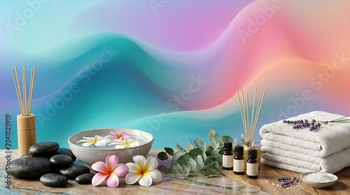 Spa and wellness arrangement with essential oils, stones, flowers, and towels on a colorful background