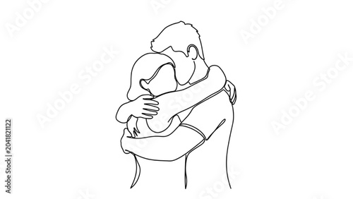 Schilderij op canvas A man tenderly hugs a child in a loving embrace indoors.