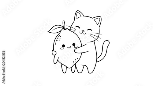 Bild auf Leinwand A cute cat hugs a smiling fruit with leaves on top.