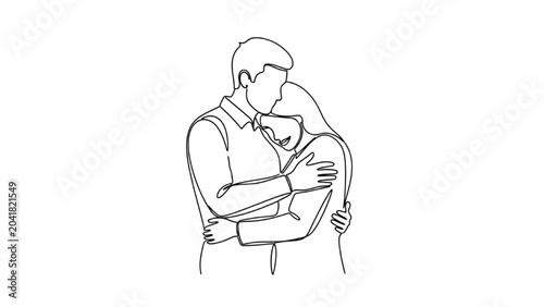Schilderij op canvas A man tenderly hugs a woman in a loving embrace indoors.