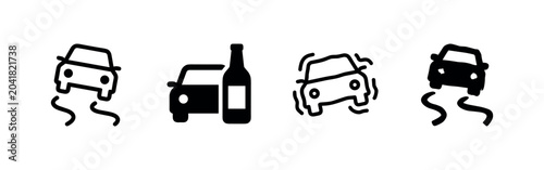 Fotografie Four icons representing dangerous driving: slippery road, drunk driving, erratic driving, and collision
