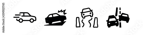 Obraz na plátne Four car icons illustrating traffic incidents: speed, crash, swerving, and multi-car pile-up