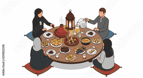 A family enjoys a communal meal with diverse dishes and drinks