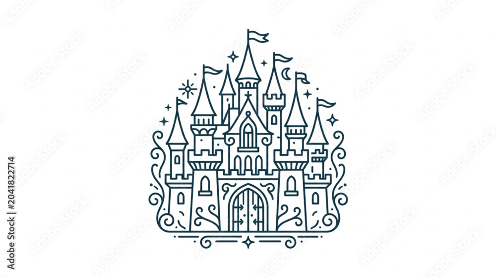 Fototapeta premium Fairytale Castle Illustration with Flags and Stars.