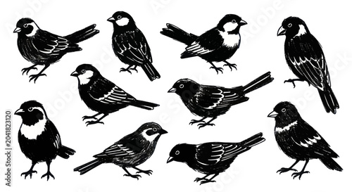 Foto Collection of Hand Drawn Sparrows in Various Poses.
