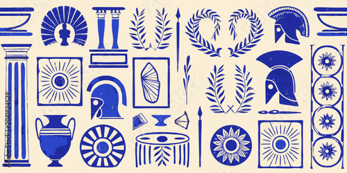 Fotografija vintage greek culture icons blue silhouette on beige background column amphora h