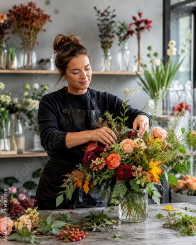 Fleuriste composant un bouquet d’automne dans une boutique lumineuse
