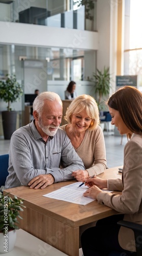 Happy senior couple consulting with female financial advisor about retirement planning at local bank