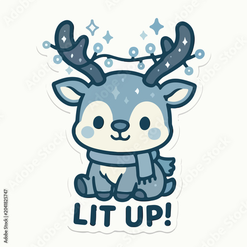 Cute cartoon reindeer character wearing a warm scarf and glowing christmas lights while smiling in this charming blue vector illustration