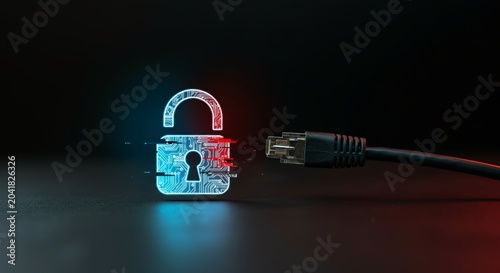Eye-level close-up of a glowing digital padlock icon glitching above the exposed end of a secure cable.