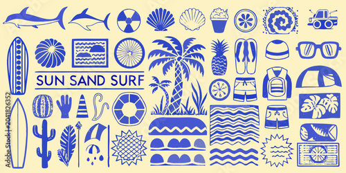 surfing icons set in blue monochrome style on yellow background surfboard dolphin
