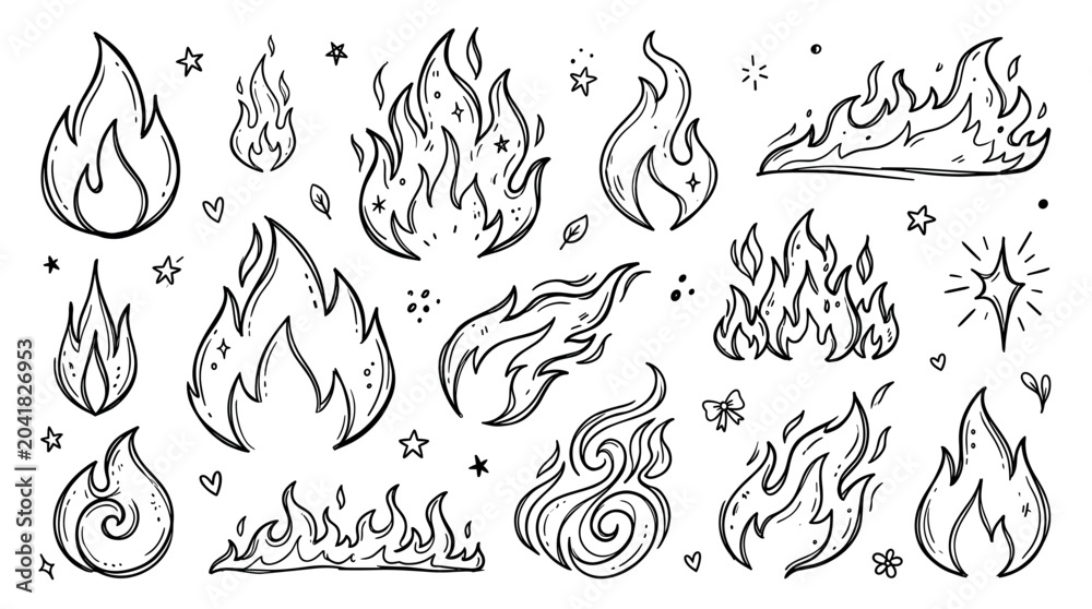 Fototapeta premium Collection of various hand-drawn fire flames in a doodle style, featuring different shapes and sizes on a clean white background