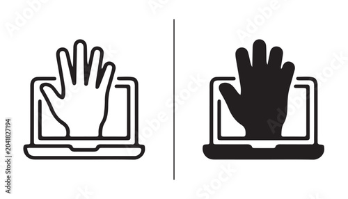 Stop online harassment: A laptop screen displays a hand reaching out, symbolizing the urgent need to halt online harassment and cyberbullying, fostering a safer digital environment.