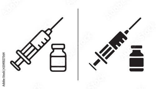 Schilderij op canvas Medical Syringe and Vial Icons: A minimalist representation of medical tools, a syringe and a vial, presented in both outline and solid fill styles, symbolizing healthcare and scientific innovation