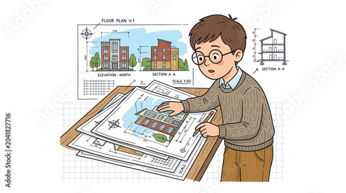 Foto Young Architect Boy Studying Building Blueprints and Plans