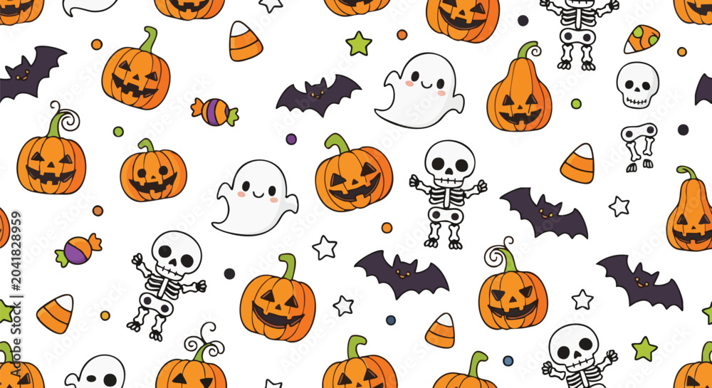 Fototapeta premium Cute Halloween Seamless Pattern Featuring Small Stars Whimsical Spooky Characters Carved Gourds and Tiny Skeletons on White Background